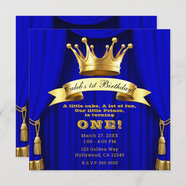Royal Blue Gold Royal Crown Prince 1st Birthday Invitation (Front/Back)
