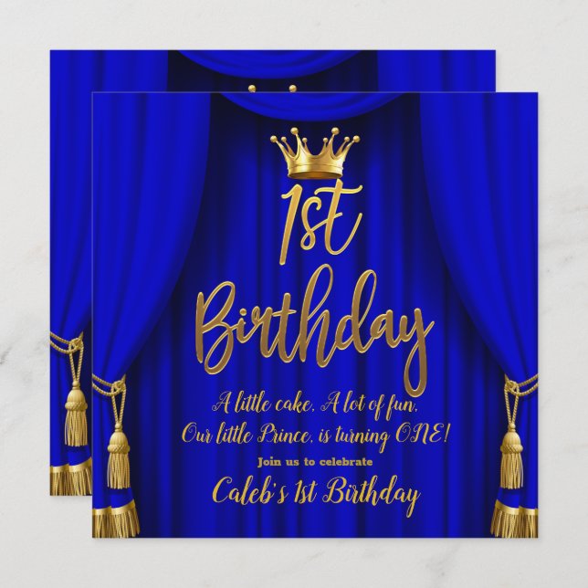 Royal Blue & Gold Royal Crown Prince 1st Birthday Invitation (Front/Back)
