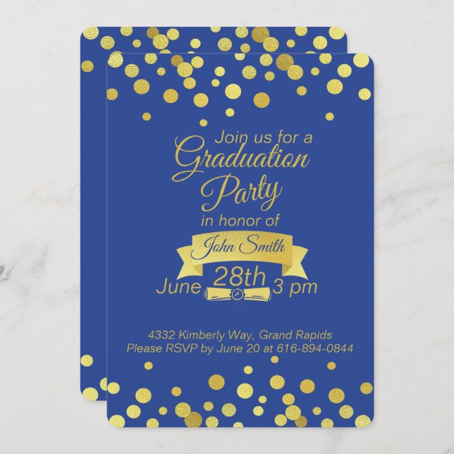 Royal Blue Gold script Graduation Invitation Card (Front/Back)