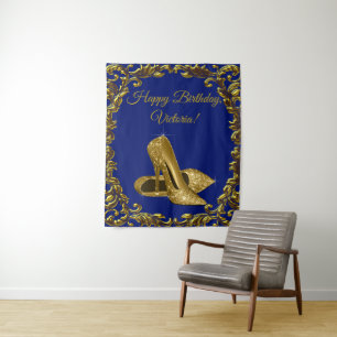 Royal Blue Gold Shoe Birthday Party M Backdrop Tapestry