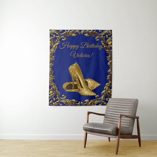 Royal Blue Gold Shoe Birthday Party M Backdrop Tapestry (In Situ)