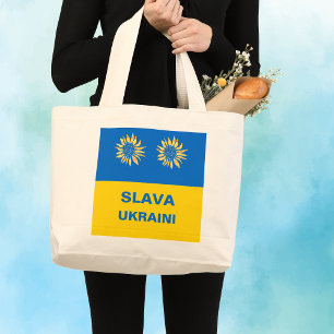 Royal Blue Gold "Slava Ukraini" Ukraine Support Large Tote Bag