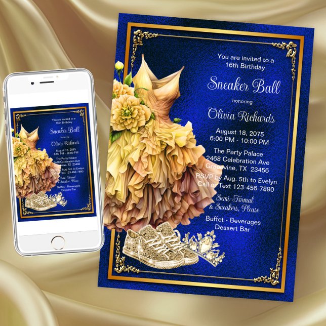 Royal Blue Gold Sneaker Ball  Invitation (Royal blue gold sneaker ball invitation. Instant download and printed invitations available.)