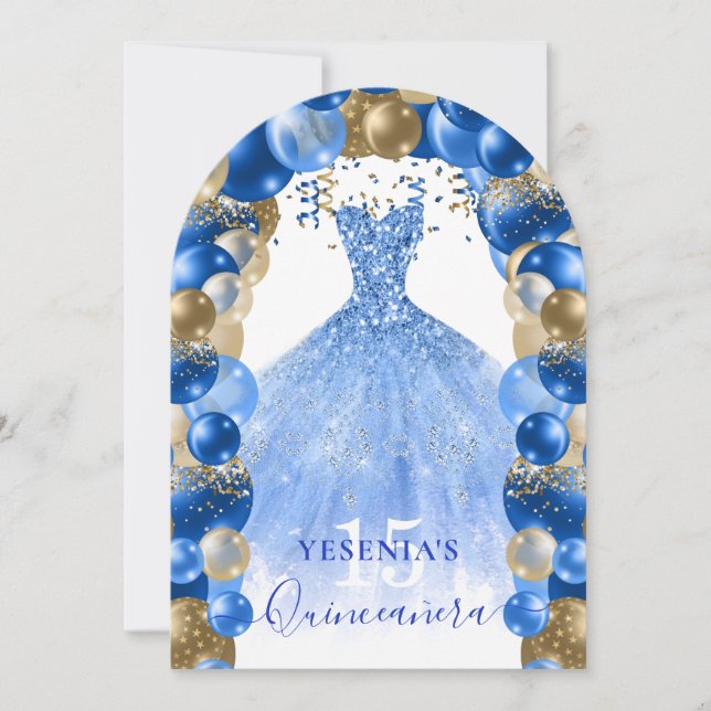Royal Blue Gold Sparkle Dress Quinceañera Balloon Invitation (Front)
