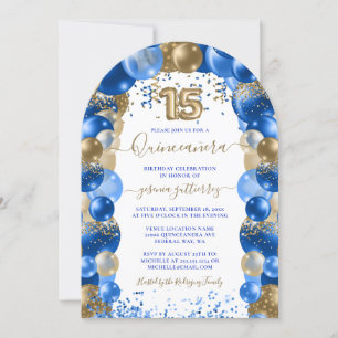 Royal Blue Gold Sparkle Quinceañera Balloon Invitation
