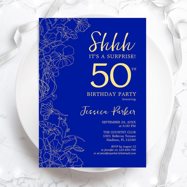 Royal Blue Gold Surprise 50th Birthday Invitation (Creator Uploaded)