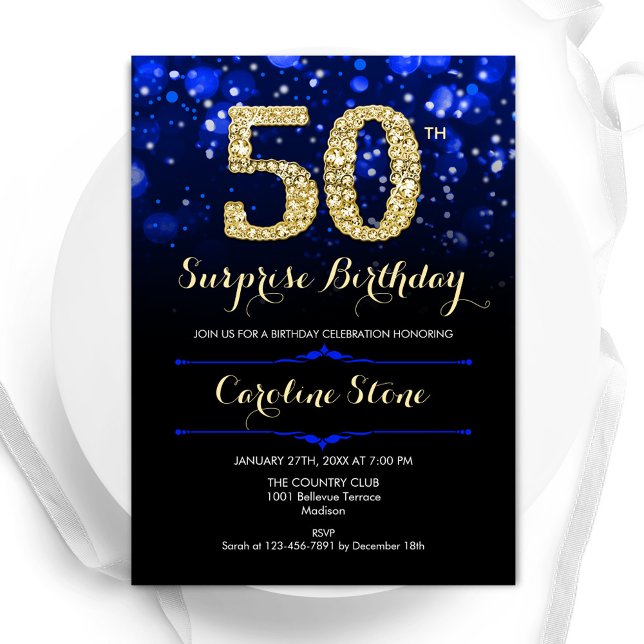 Royal Blue Gold Surprise 50th Birthday Invitation (Creator Uploaded)