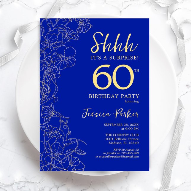 Royal Blue Gold Surprise 60th Birthday Invitation (Creator Uploaded)