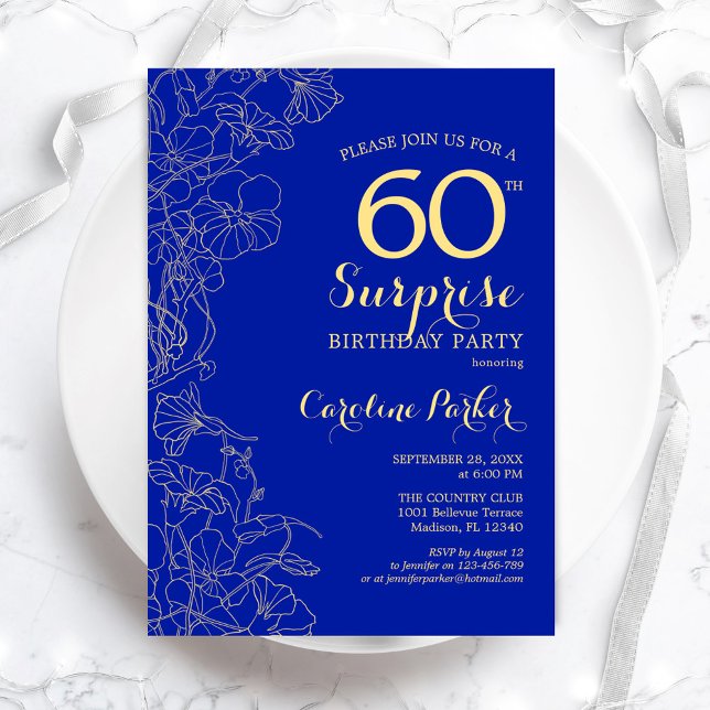Royal Blue Gold Surprise 60th Birthday Party Invitation (Creator Uploaded)
