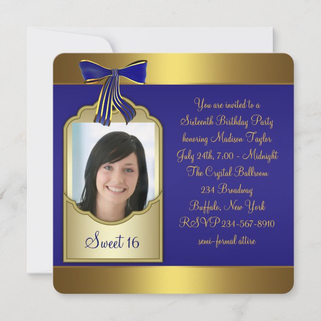 Royal Blue Gold Sweet 16 Birthday Party Invitation (Front)