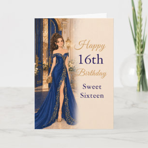 Royal Blue Gold Sweet Sixteen Birthday Card