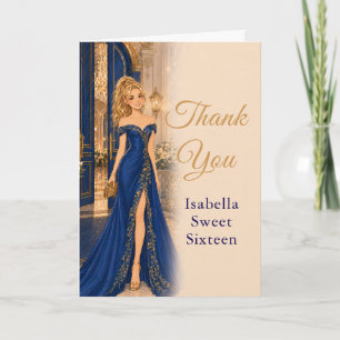 Royal Blue Gold Sweet Sixteen Thank You Card