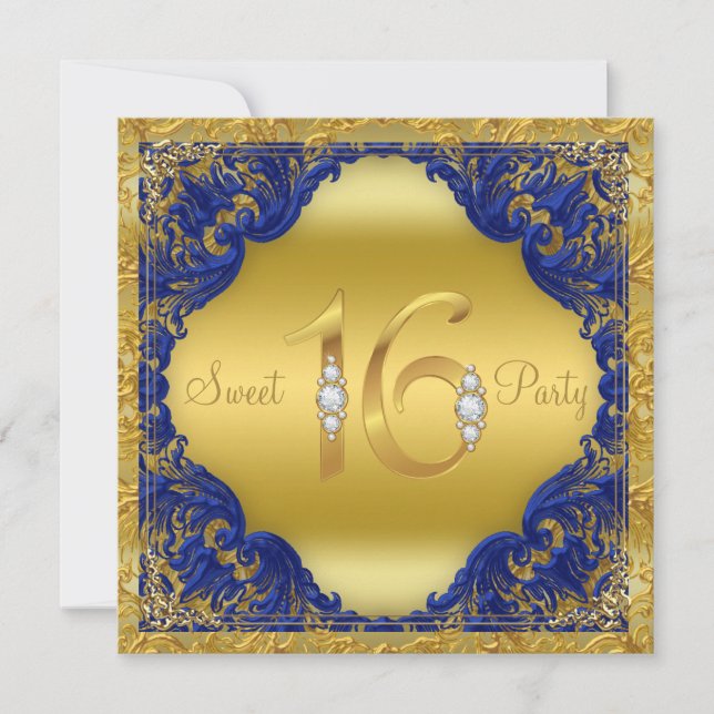 Royal Blue Gold Swirl Sweet 16 Party Invitation (Front)