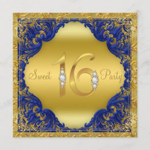 Royal Blue Gold Swirl Sweet 16 Party Invitation