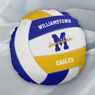 royal blue gold team colours kids volleyball round cushion