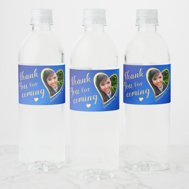 Royal Blue Gold Thank You Photo 2025 Graduation Water Bottle Label (Bottles)