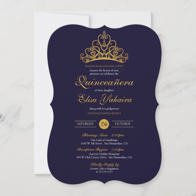 Royal Blue Gold Tiara Crown Elegant Quinceañera Invitation (Front)