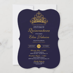 Royal Blue Gold Tiara Crown Elegant Quinceañera Invitation