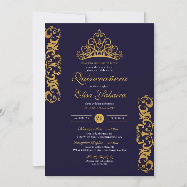 Royal Blue & Gold Tiara Crown Elegant Quinceañera Invitation (Front)