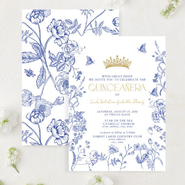 Royal Blue Gold Tiara Floral Butterfly Quinceañera Invitation (Creator Uploaded)