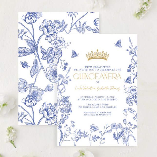 Royal Blue Gold Tiara Floral Butterfly Quinceañera Invitation (Creator Uploaded)