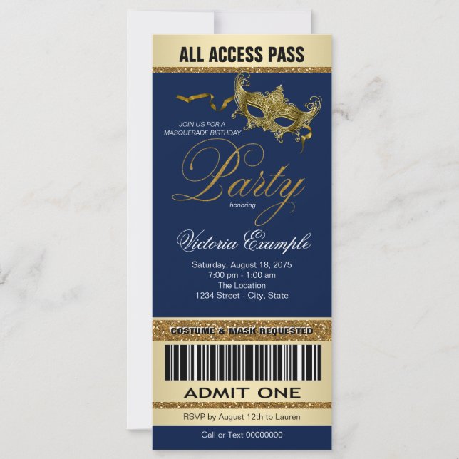 Royal Blue Gold Ticket Style Masquerade Party Invitation (Front)