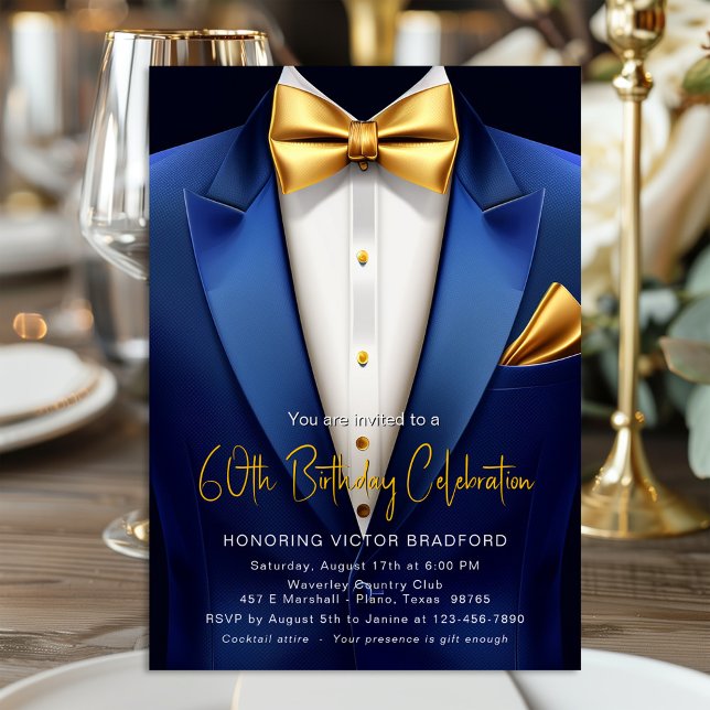 Royal Blue Gold Tuxedo Any Number Birthday Event Invitation (Any number birthday and event invitation featuring a classy blue and gold tuxedo suit design.)