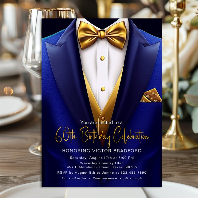 Royal Blue Gold Tuxedo Any Number Birthday  Invitation (Blue and gold any number birthday or event invitation with classy blue and gold tuxedo design.)