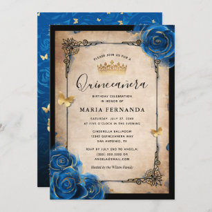 Royal Blue Gold Watercolor Elegant Quinceanera Invitation