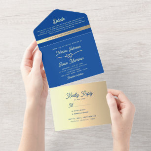 Royal Blue Gold Wedding All In One Invitation
