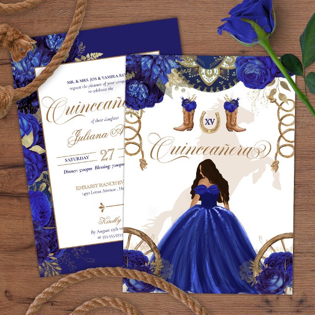 Royal Blue Gold Western Charro 2-Sided Quinceanera Invitation (Creator Uploaded)
