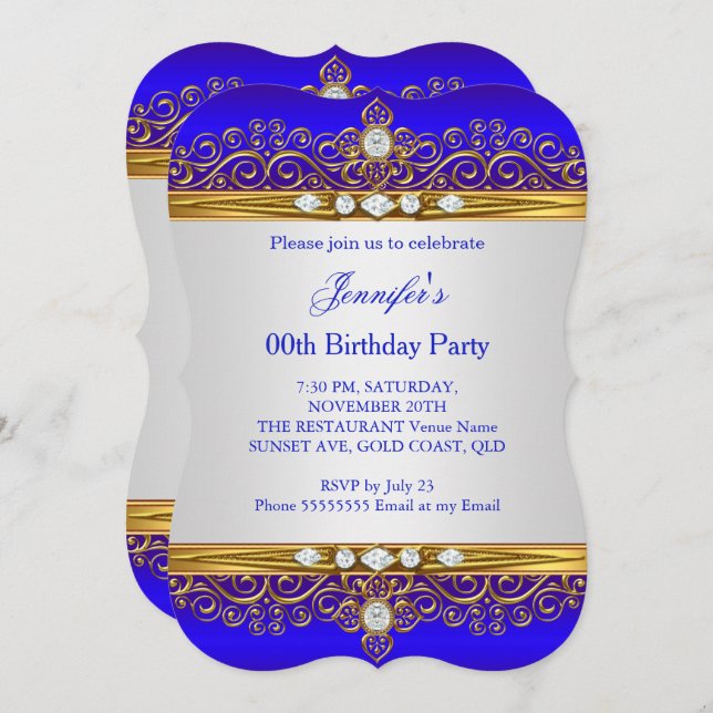 Royal Blue Gold White Diamond Birthday Party 2 Invitation (Front/Back)