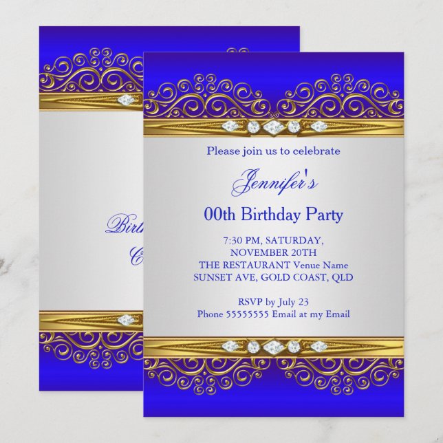 Royal Blue Gold White Diamond Birthday Party Invitation (Front/Back)