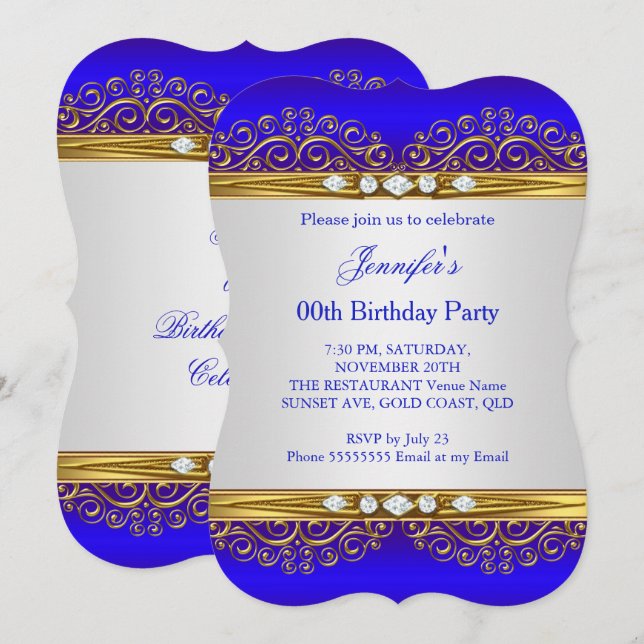 Royal Blue Gold White Diamond Birthday Party Invitation (Front/Back)
