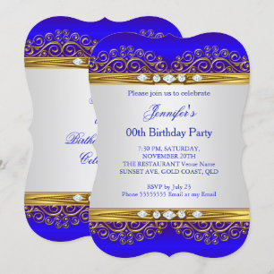 Royal Blue Gold White Diamond Birthday Party Invitation