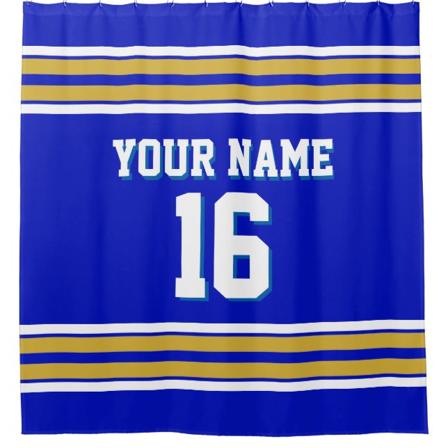Royal Blue Gold White Stripes Sports Jersey Shower Curtain (Front)