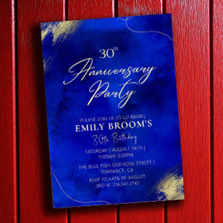 Royal Blue Golden 30th Birthday Party Celebration Invitation