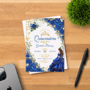 Royal Blue Golden Butterflies Quinceañera Acrylic Invitations