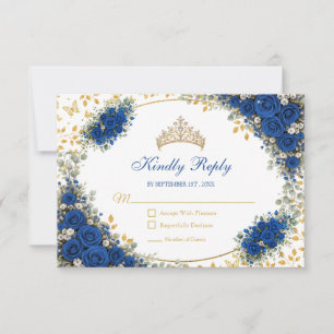 Royal Blue Golden Butterflies Quinceañera RSVP Card