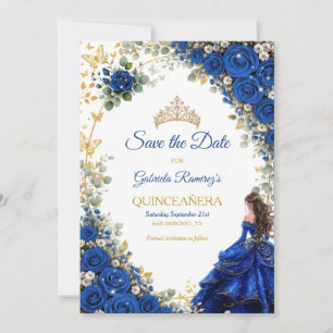 Royal Blue Golden Butterflies Quinceañera  Save The Date