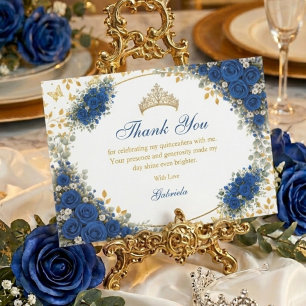 Royal Blue Golden Butterflies Quinceañera  Thank You Card