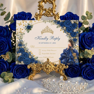 Royal Blue Golden Butterfly Quinceañera  RSVP Card