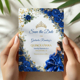 Royal Blue Golden Butterfly Quinceañera Save The Date