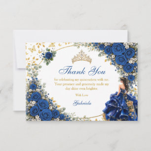 Royal Blue Golden Butterfly Quinceañera Thank You Card