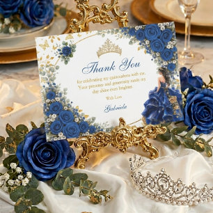 Royal Blue Golden Butterfly Quinceañera  Thank You Card