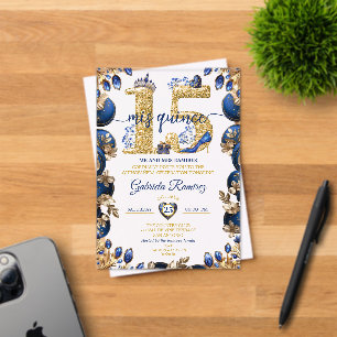 Royal Blue Golden Mis Quince 15 Quinceañera Acrylic Invitations
