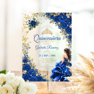 Royal Blue Golden Quinceañera Butterflies Acrylic Invitations