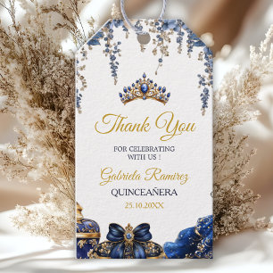 Royal Blue Golden Tiara Floral Quinceañera Gift Tags