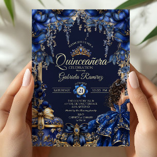 Royal Blue Golden Tiara Floral Quinceañera Invitation