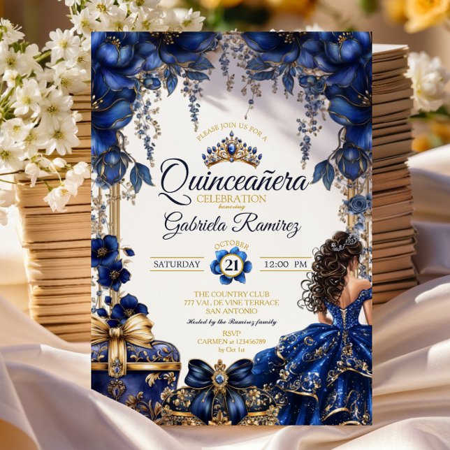 Royal Blue Golden Tiara Floral  Quinceañera Invitation (Creator Uploaded)